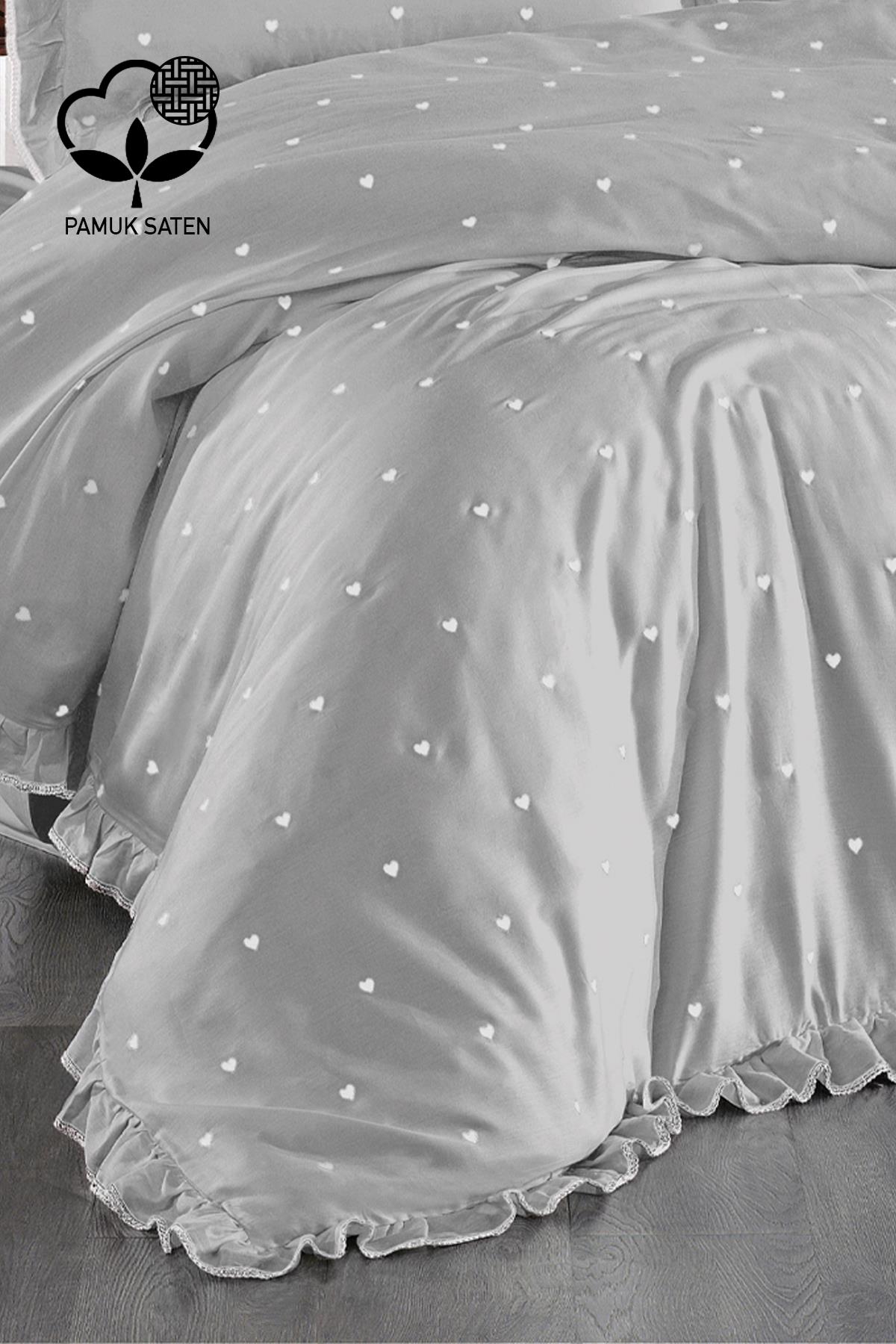 Amore Heart Embroidered Cotton Satin Super King Size 6 Piece Duvet Cover Set