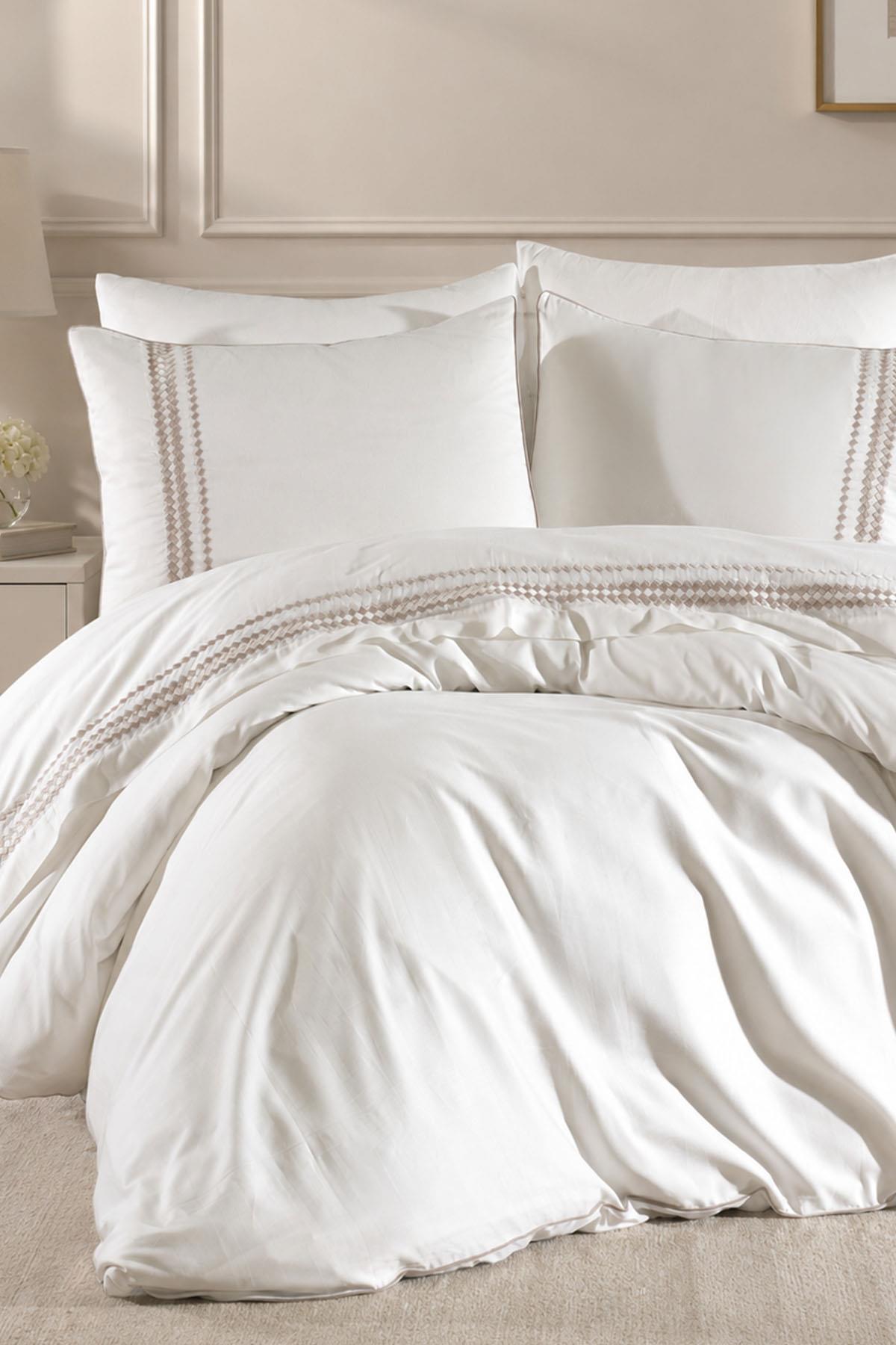 Benita Herringbone Embroidered Cotton Satin Super King Size 6-Piece Duvet Cover Set