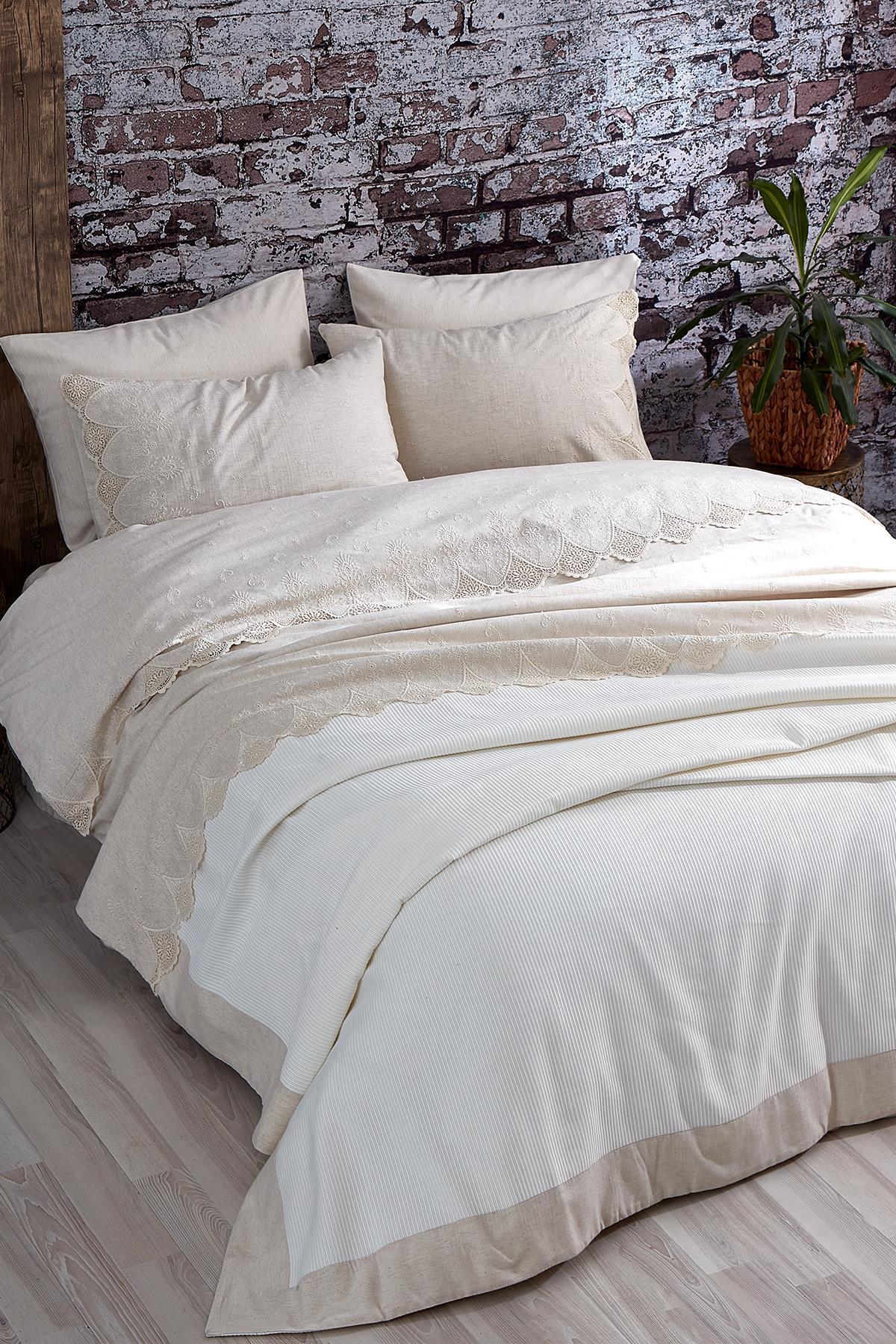 Emma Dantelli Süper King Size 7 Parça Nevresim + Pike Set - Nazik Home - Yuvama Değer!