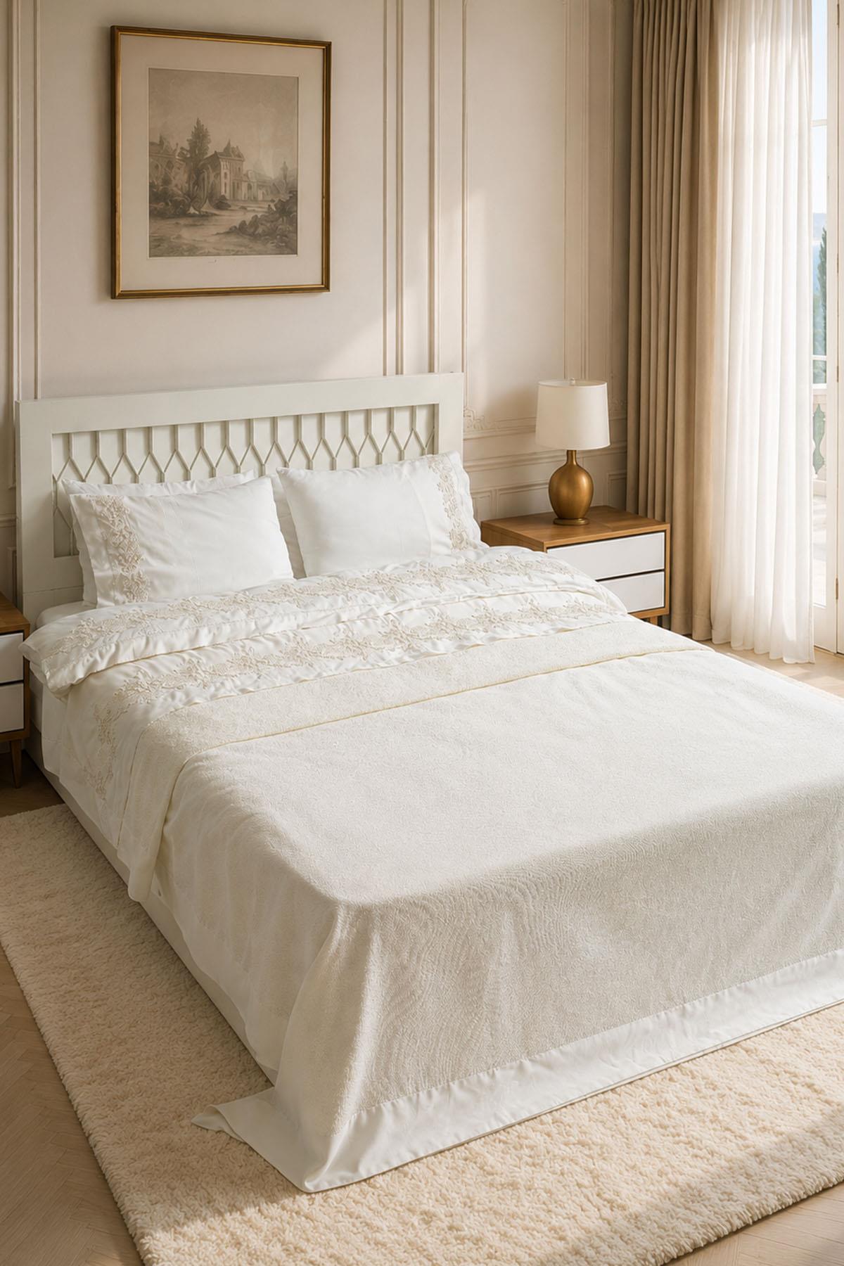 Madeira 3D Knitted Flower Embroidered Double 7 Piece Duvet Cover + Blanket Set