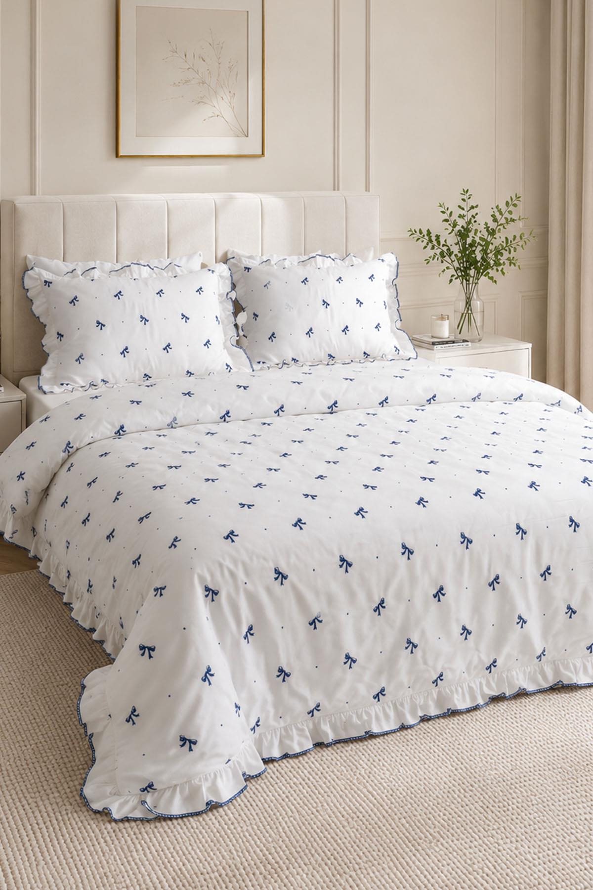 Serena Bow Embroidered Cotton Satin Double 6-Piece Duvet Cover Set