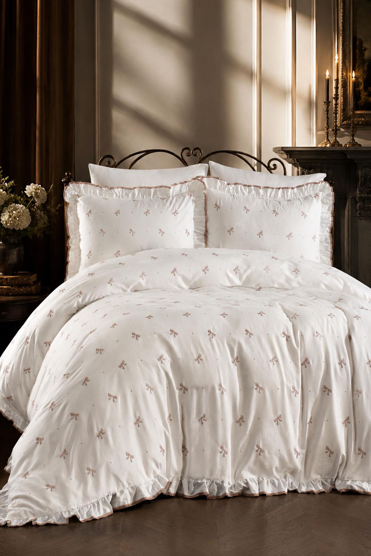 Serena Bow Embroidered Cotton Satin Super King Size 6-Piece Duvet Cover Set