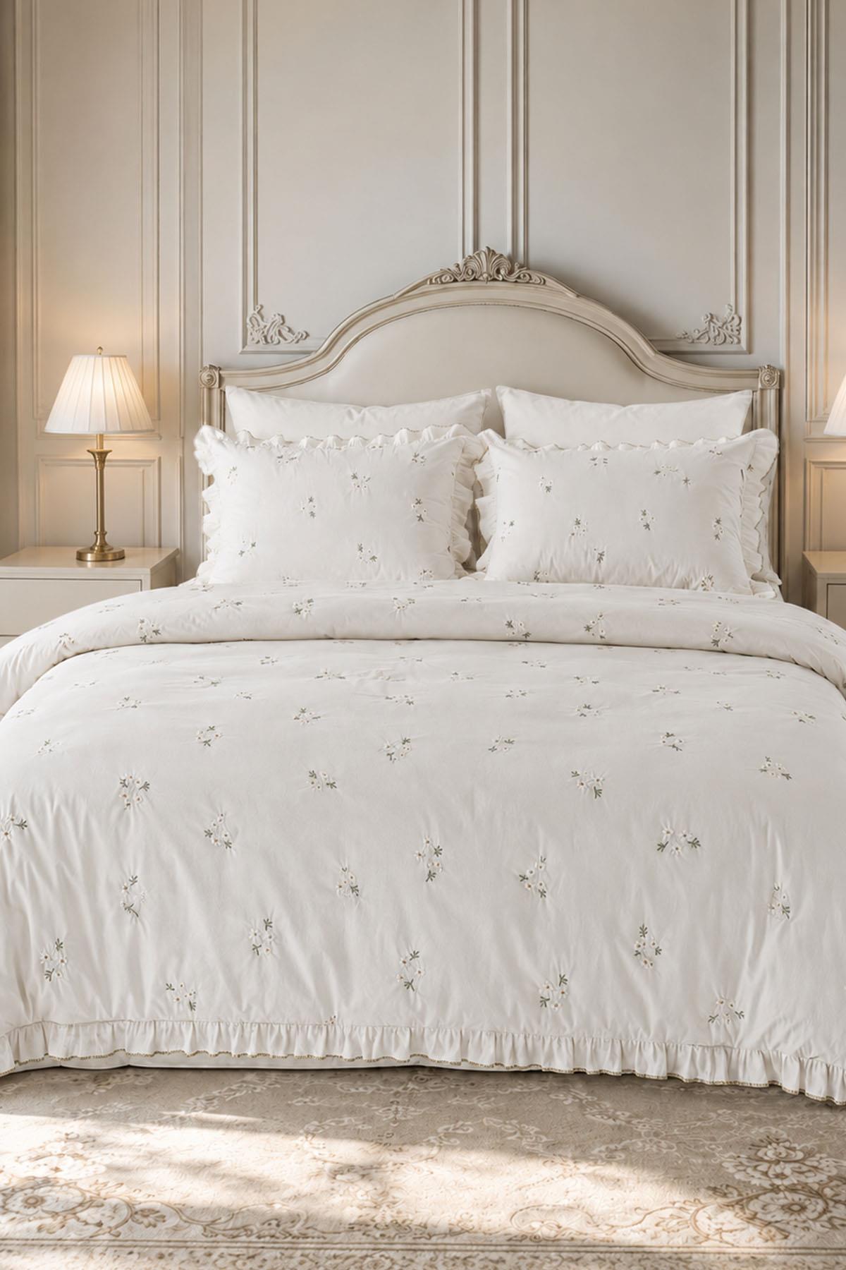 Nadia Daisy Embroidered Cotton Satin Double 6-Piece Duvet Cover Set