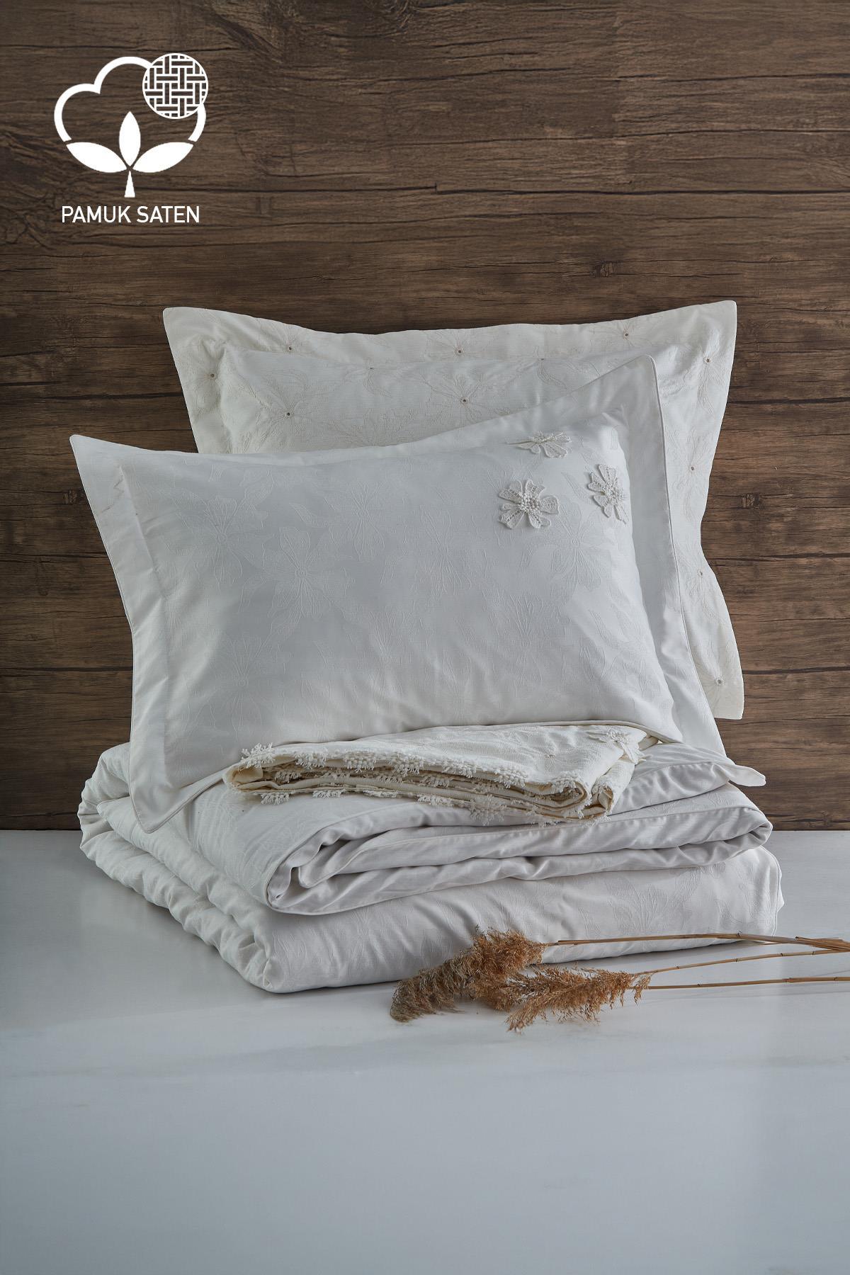 Nergiz Çiçek İşlemeli Süper King Size 9 Parça Nevresim + Pike Set - Nazik Home - Yuvama Değer!