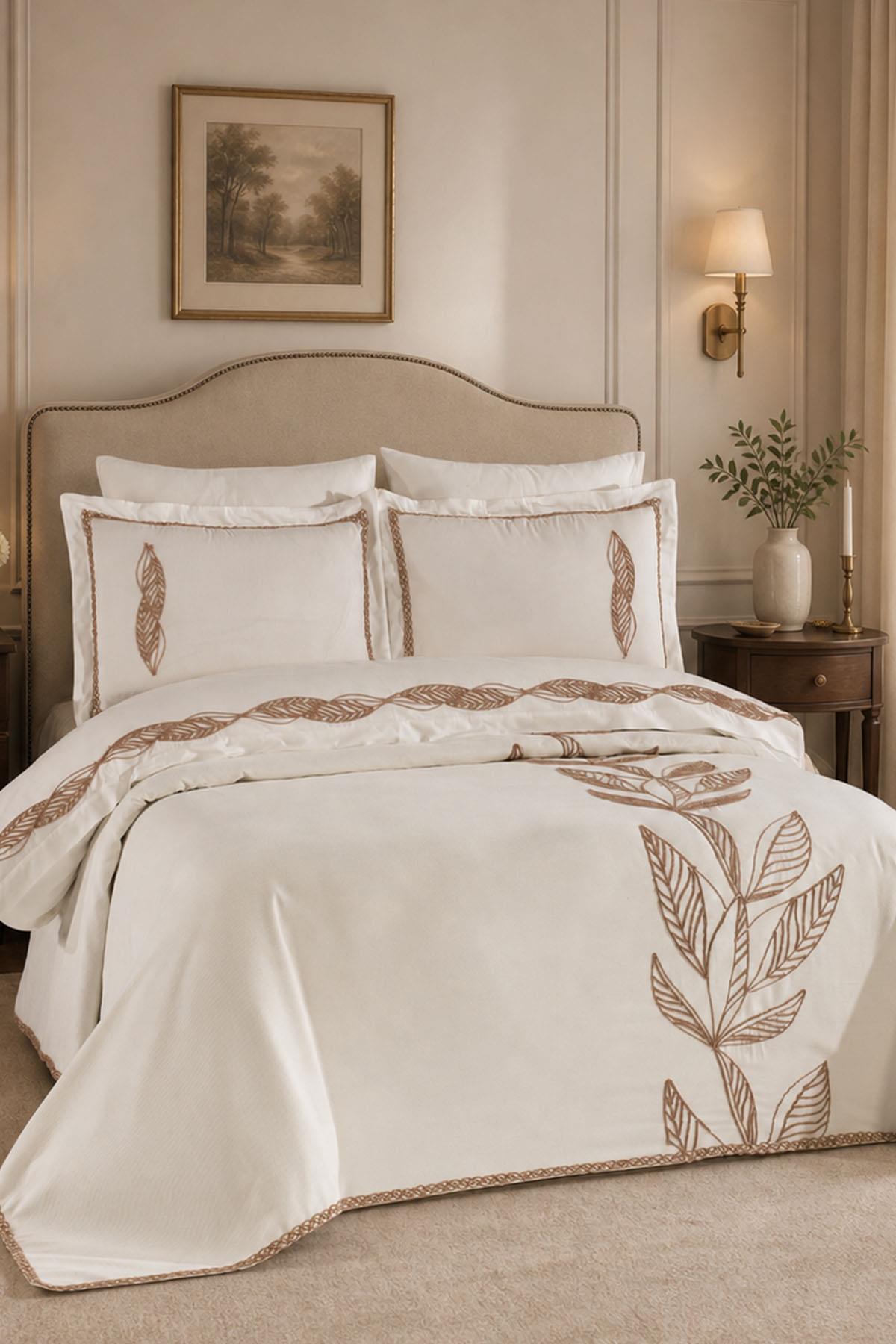Oslo Leaf Embroidered Double Duvet Cover + Pique Set - 7 Pieces
